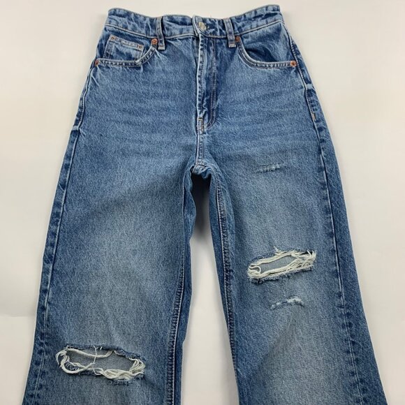 Zara Medium Wash Blue Denim Distressed Wide Leg Ankle Jeans 2 - Picture 2 of 5